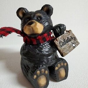 Black Bear Figurine Holding Cabela’s Store Sign in Paw Red & Black Fringe Scarf